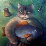  Кот <b>держит</b> рыбу 