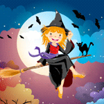 Ведьма на метле с черным котом на фоне луны