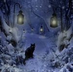Кот в зимнем лесу под фонарями