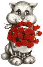 С букетом красных роз стоит серый кот в полосатых штанах