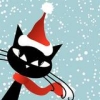  Черный кот в новогодней шапочке на фоне неба 