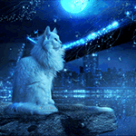  На <b>фоне</b> ночного города, белый кот сидит на камне и смотри... 