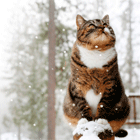 Кот, сидящий на снегу, смотрит вверх на падающие снежинки
