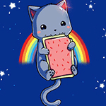  Котенок <b>держит</b> в лапках печенье на фоне звезд и радуги 