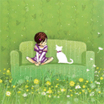 Девочка с кошкой сидят на диване