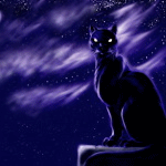 Черная кошка сидит на фоне северного сияния