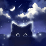 Черный котенок выглядывает из облаков на фоне ночного зве...