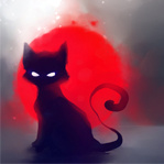 Котик со светящимися пустыми глазницами на фоне огненно-к...