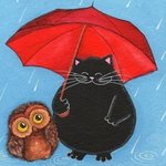 Чёрный котяра с совёнком под зонтиком
