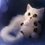 Белый котёнок держит в лапах игрушечного панду, art by ap...
