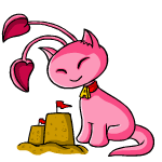 Розовый neopet похожий на кошку, виляя хвостом, сидит и с...