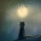 Чёрная кошка смотрит на луну