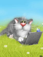 Котик в траве с ноутбуком.А.Долотов