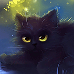 Черный котенок с желтыми глазами моргает