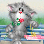 Котенок на скамейке с розочкой и подарком