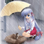 Девочка прикрывает котёнка от дождя