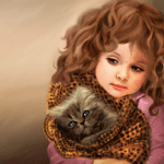 Девочка с котенком на руках, завернутым в плед