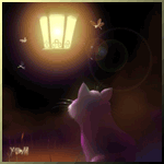 Котёнок ночью сидит и смотрит на разливающий свет фонарь ...
