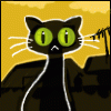 Чёрный кот с большими глазами на жёлто-чёрном фоне
