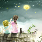 Две девочки и кошка смотрят на падающие звезды