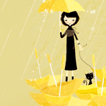 Девочка с кошкой на поводке, вокруг желтые зонтики