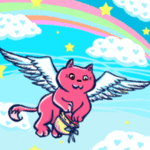 Крылатый розовый кот летает в небе и разбрасывает сердечк...