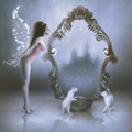 Эльфийка и белые кошечки возле волшебного зеркала