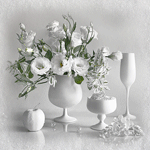Натюрморт из белых ваз, бокала, яблока и цветов