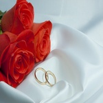  Два <b>обручальных</b> кольца лежат на белой ткани рядом с розами 