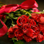 Букет красных роз с красным бантом