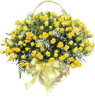 Букет желтых роз с зеленью и ленточкой в корзинке