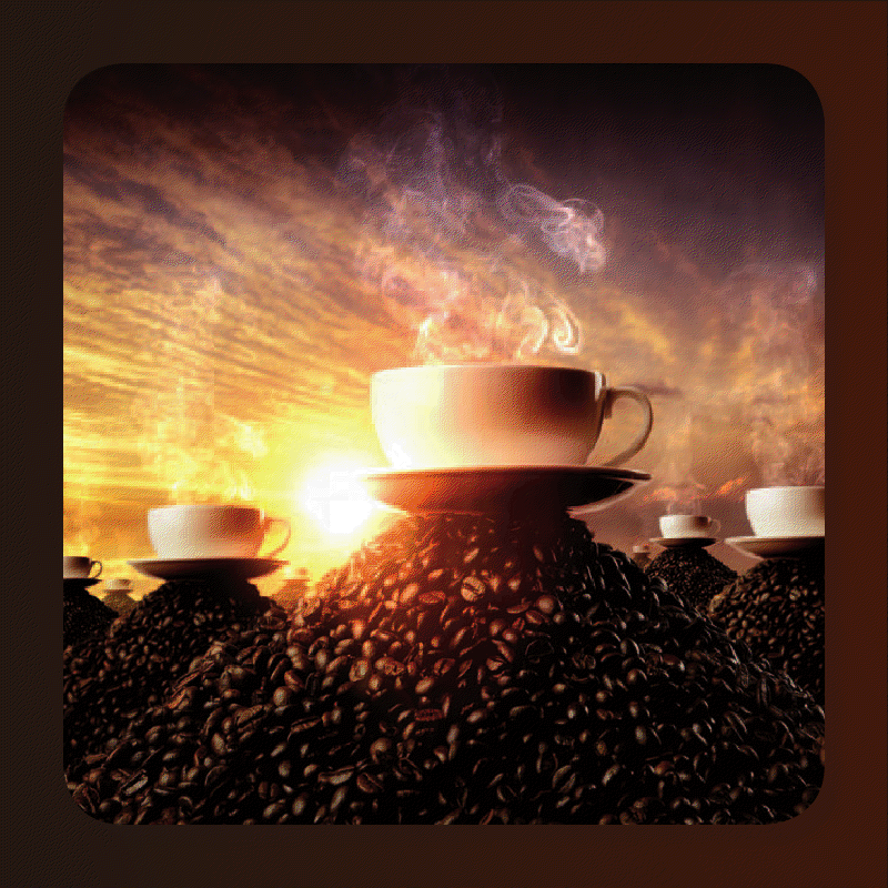 Открытки. День кофе. Кофейные чашки на горах кофейных зерен