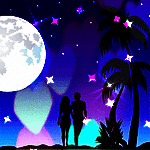 Влюблённая пара на фоне звёздного неба под пальмами лунно...
