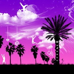  <b>Пальма</b> и деревья на фоне розового неба с прыгающими людьми 