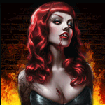 Вампирша с красными волосами возле огня