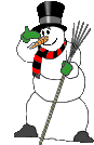 Снеговик с метлой машет рукой