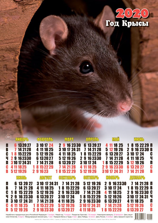 Календарь 2020 г. Год Крысы. Мышка