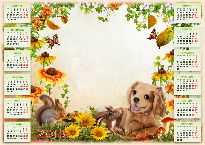 Календарь на 2019 год с собачкой