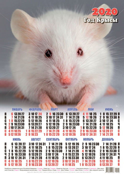 Календарь 2020 г. Год Крысы. Белая Мышка