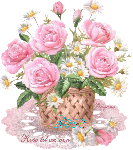 Корзина с розовыми розами и ромашками