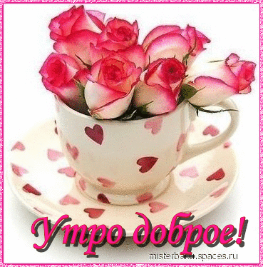 Доброго утра!  Розы в чашке с сердечками