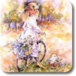Девочка в соломенной шляпе на велосипеде с цветами на баг...