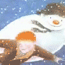 Снеговик в шапке с рыжим мальчиком в пижамке летят по нему