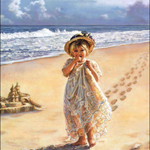 Девочка идет по берегу моря мимо песочного замка