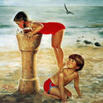  Девочка в <b>купальнике</b> стоит на мальчике и строит песочную ... 