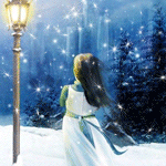 Девочка стоит у фонаря и смотрит на город, падает снег