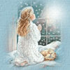 Девочка молится, за окном снег
