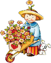 Круглолицая девчушка с тележкой цветов