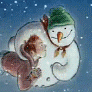 Снеговичек летит с мальчиком в обнимку и летит снежок