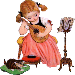 Девочка в персиковом платье играет котенку на струнном ин...